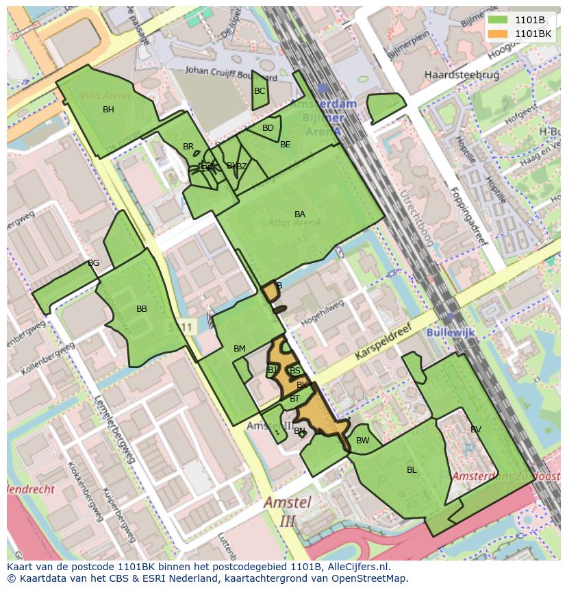 Afbeelding van het postcodegebied 1101 BK op de kaart.