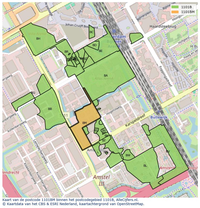Afbeelding van het postcodegebied 1101 BM op de kaart.