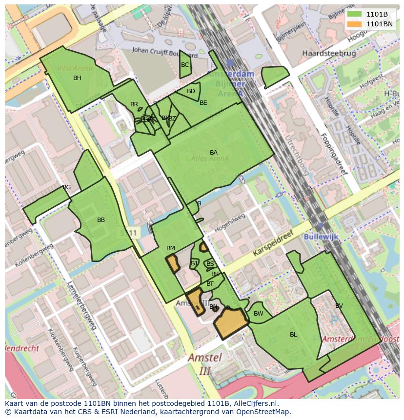 Afbeelding van het postcodegebied 1101 BN op de kaart.