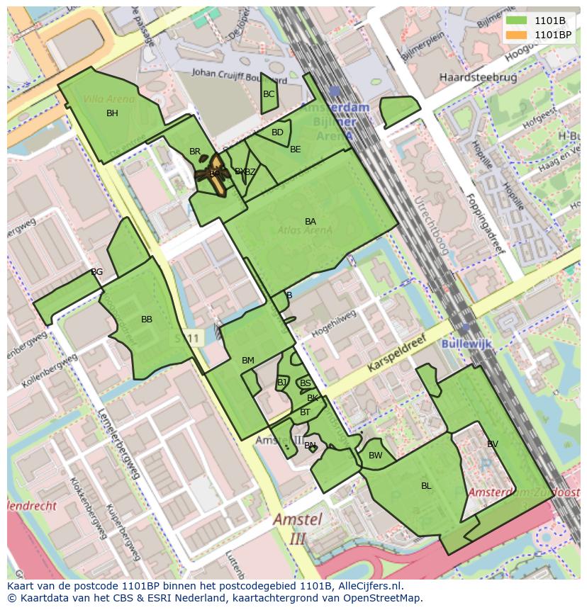 Afbeelding van het postcodegebied 1101 BP op de kaart.