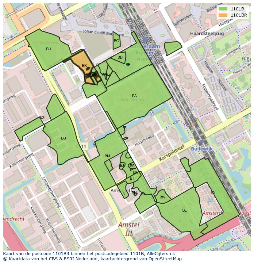 Afbeelding van het postcodegebied 1101 BR op de kaart.