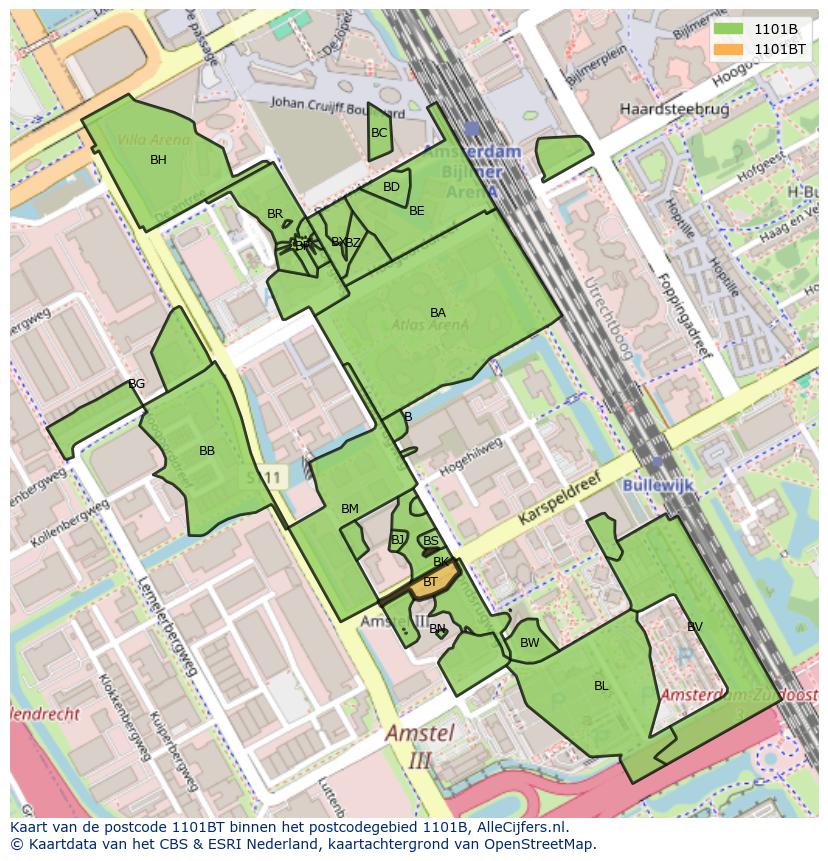 Afbeelding van het postcodegebied 1101 BT op de kaart.