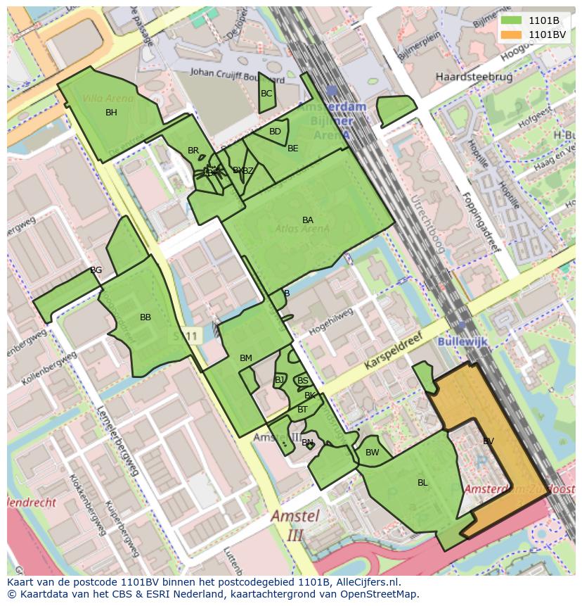 Afbeelding van het postcodegebied 1101 BV op de kaart.