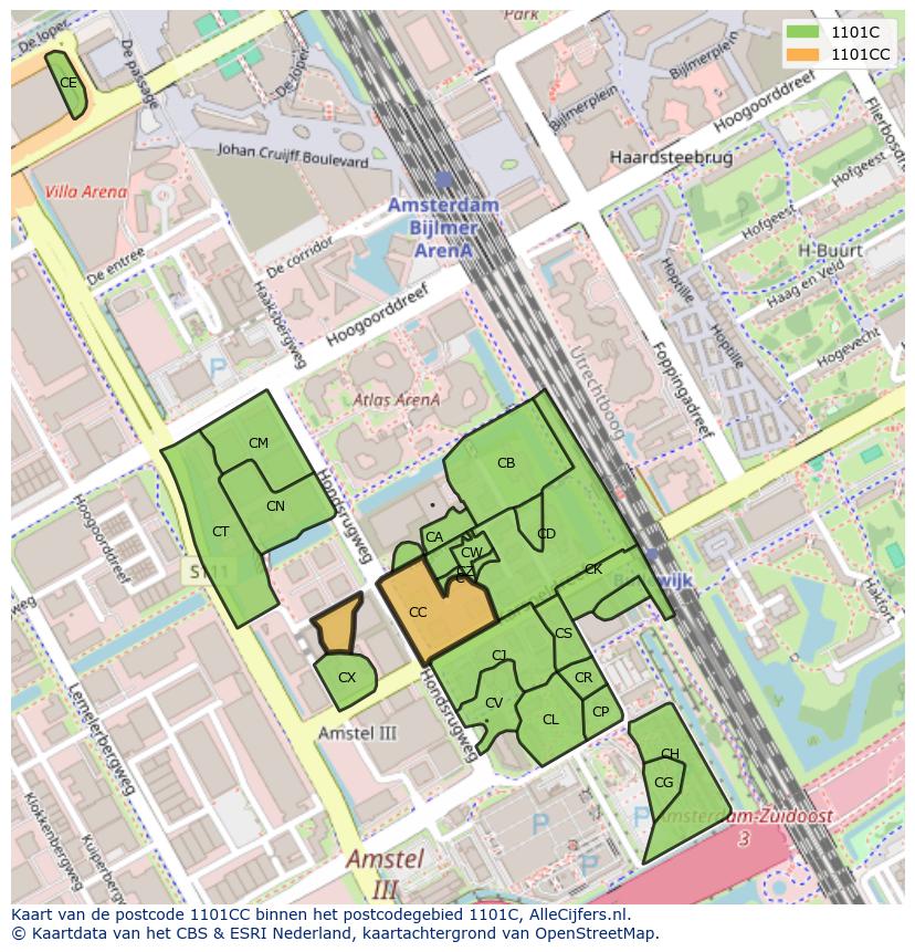 Afbeelding van het postcodegebied 1101 CC op de kaart.