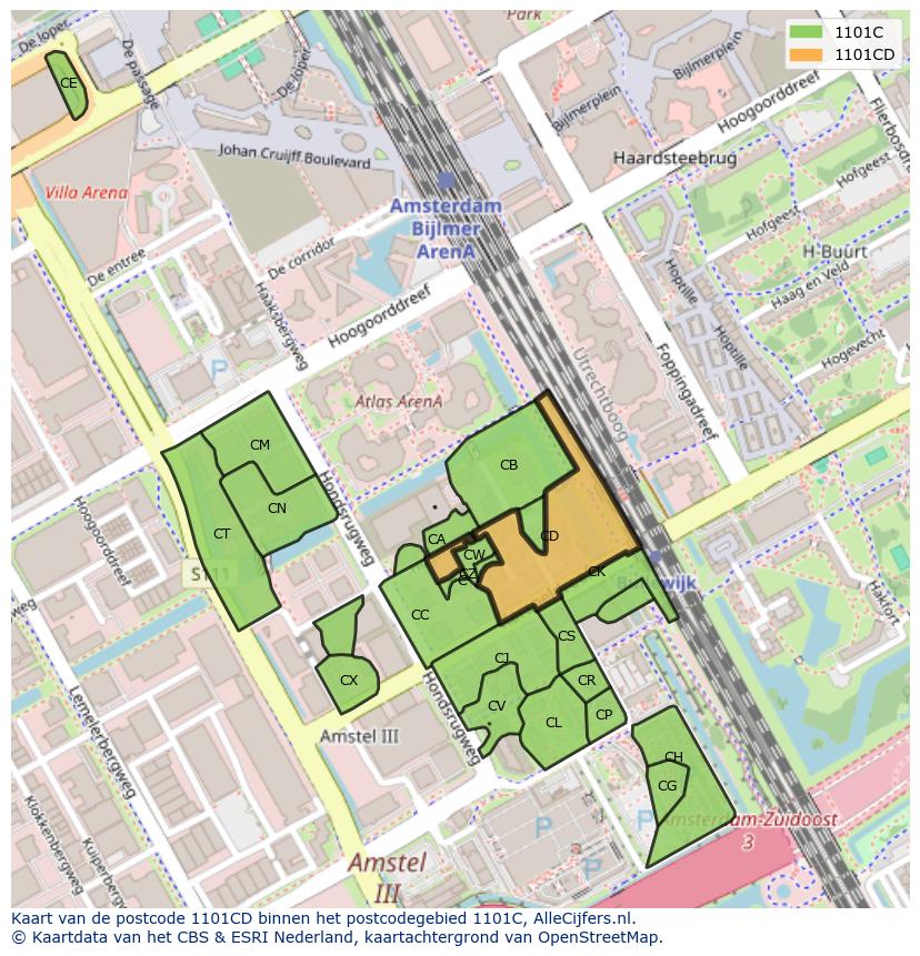 Afbeelding van het postcodegebied 1101 CD op de kaart.