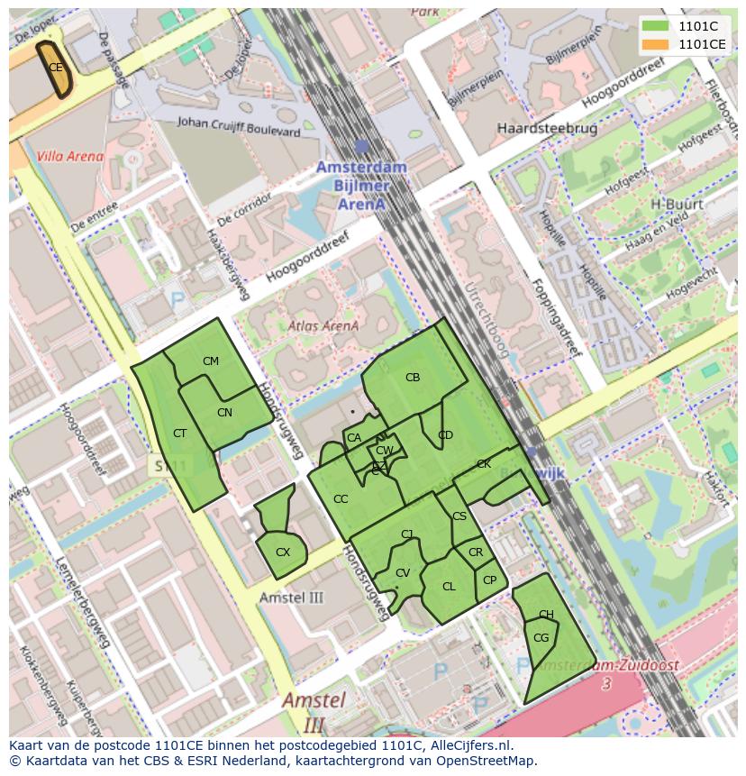 Afbeelding van het postcodegebied 1101 CE op de kaart.