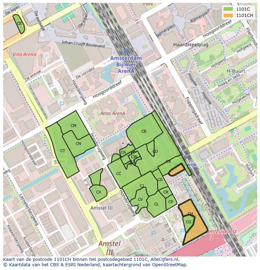 Afbeelding van het postcodegebied 1101 CH op de kaart.