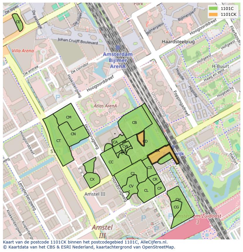 Afbeelding van het postcodegebied 1101 CK op de kaart.