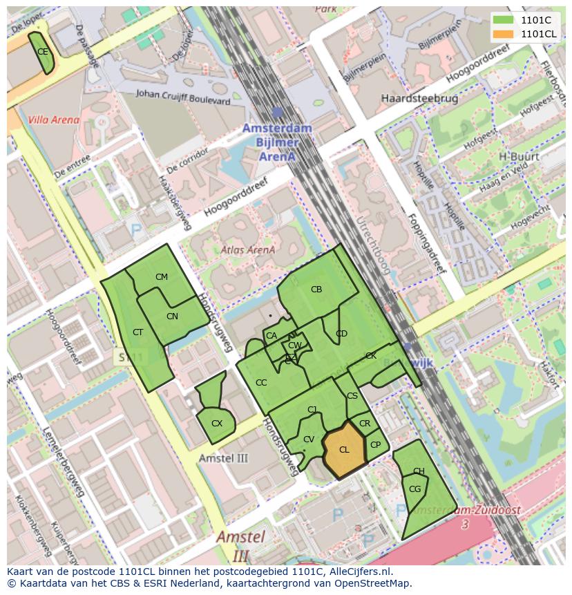 Afbeelding van het postcodegebied 1101 CL op de kaart.