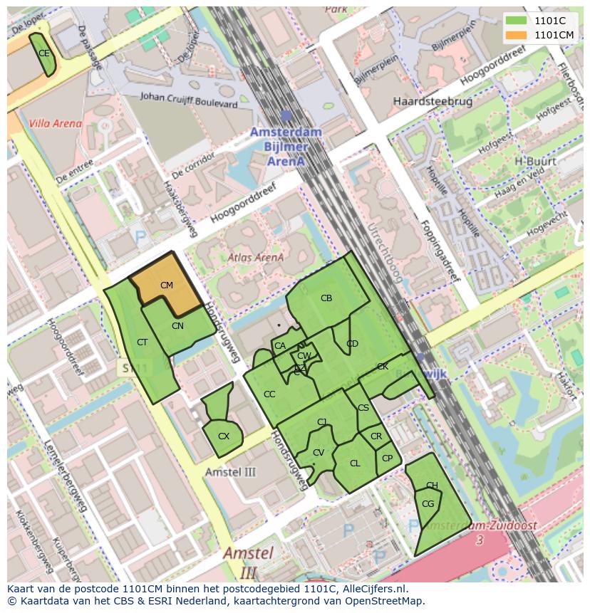 Afbeelding van het postcodegebied 1101 CM op de kaart.