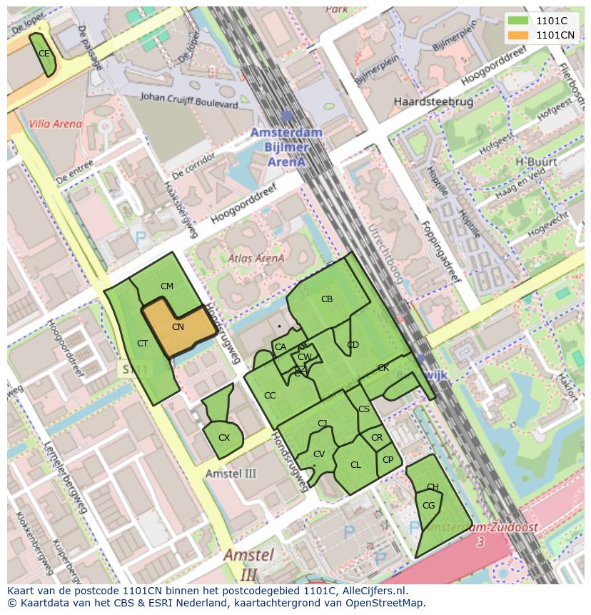 Afbeelding van het postcodegebied 1101 CN op de kaart.