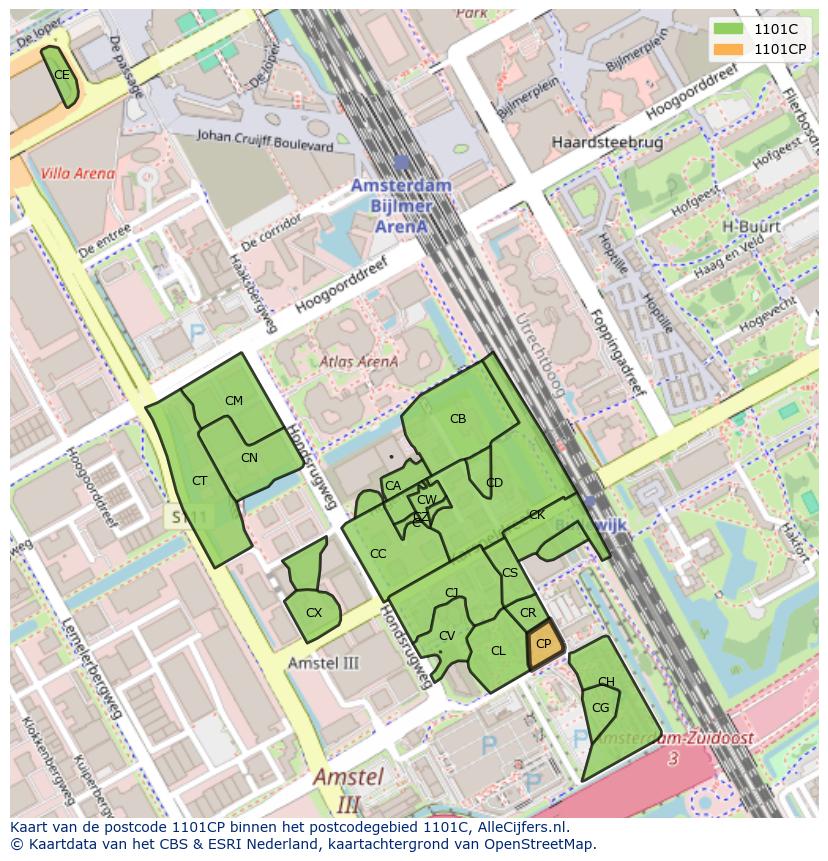 Afbeelding van het postcodegebied 1101 CP op de kaart.