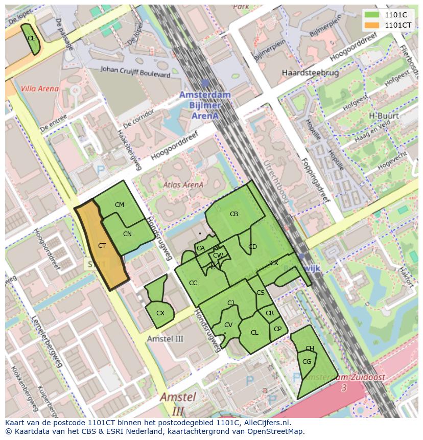 Afbeelding van het postcodegebied 1101 CT op de kaart.