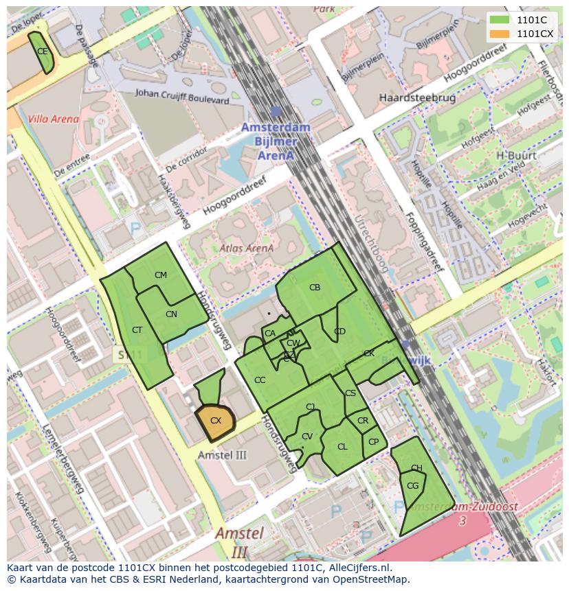 Afbeelding van het postcodegebied 1101 CX op de kaart.