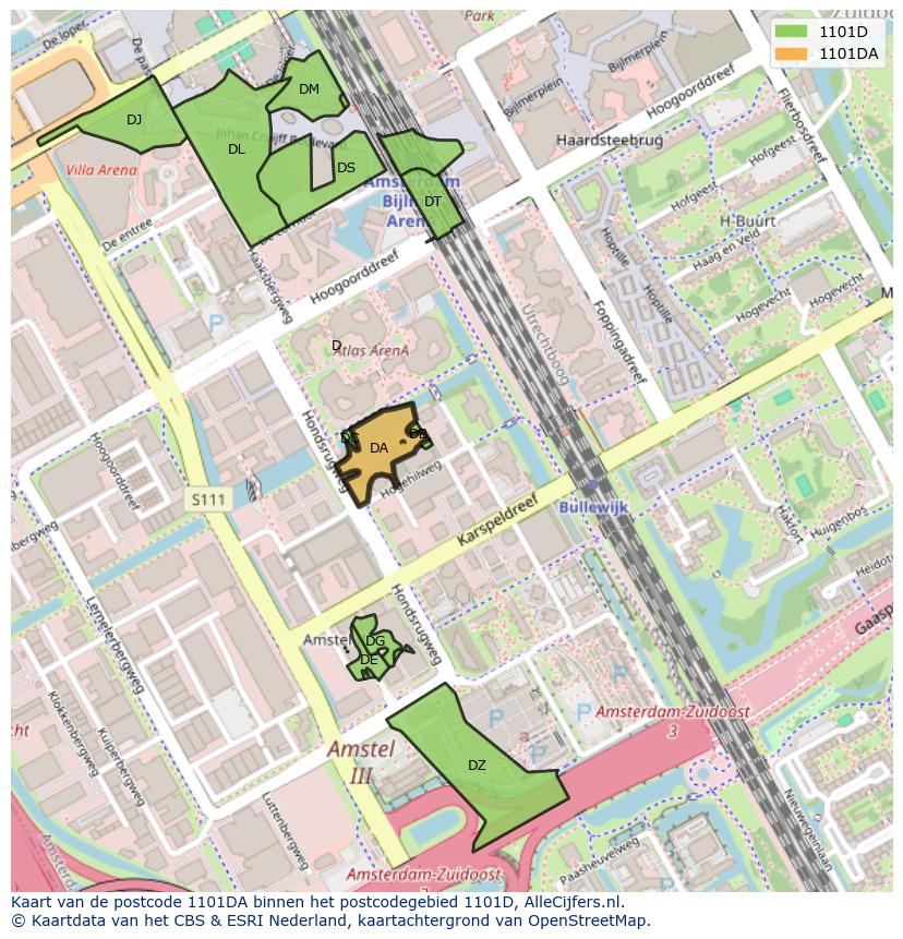 Afbeelding van het postcodegebied 1101 DA op de kaart.