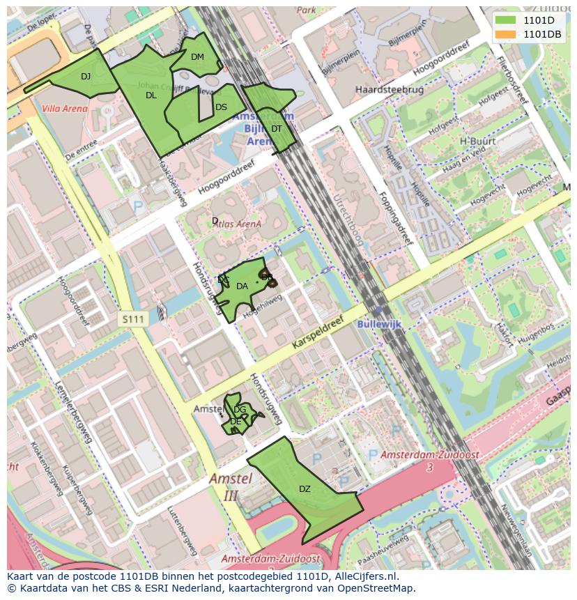 Afbeelding van het postcodegebied 1101 DB op de kaart.