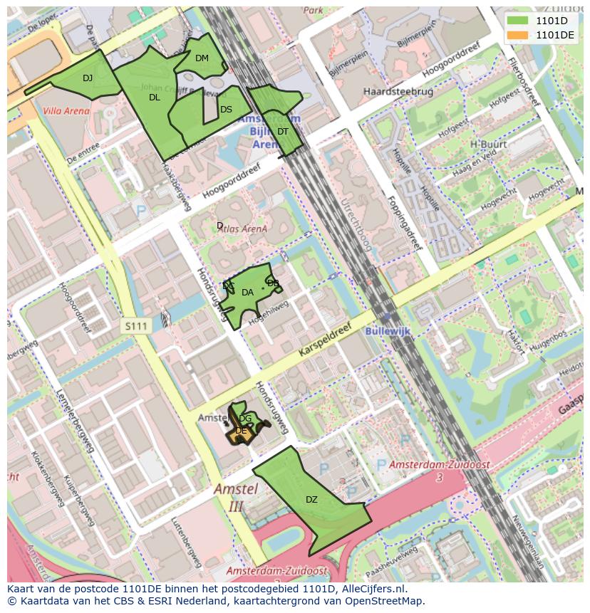 Afbeelding van het postcodegebied 1101 DE op de kaart.