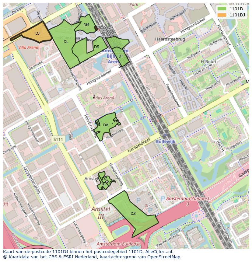 Afbeelding van het postcodegebied 1101 DJ op de kaart.