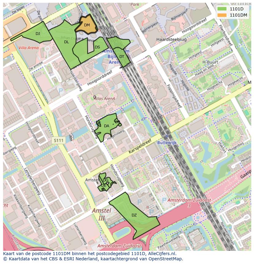 Afbeelding van het postcodegebied 1101 DM op de kaart.