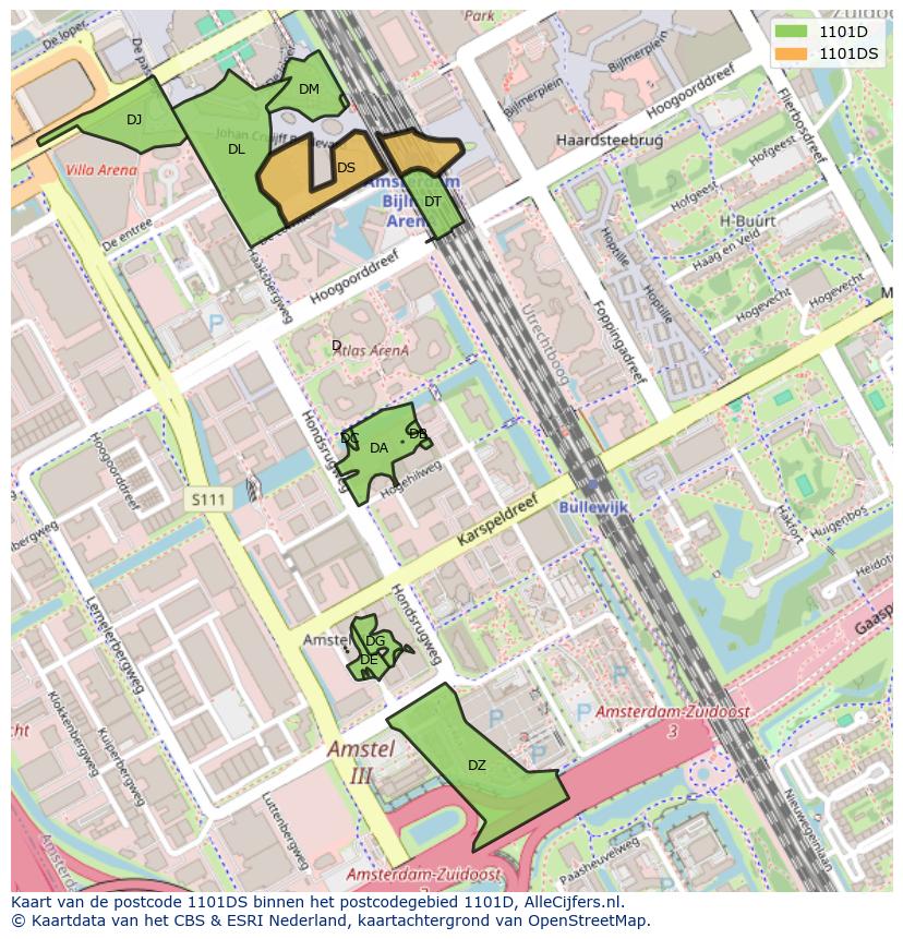Afbeelding van het postcodegebied 1101 DS op de kaart.