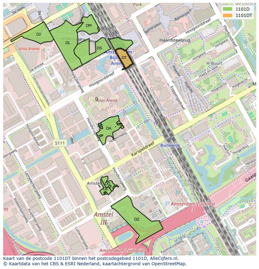 Afbeelding van het postcodegebied 1101 DT op de kaart.