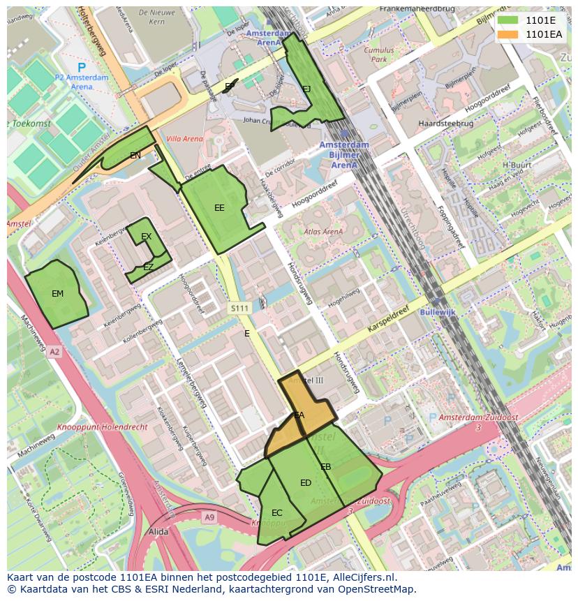 Afbeelding van het postcodegebied 1101 EA op de kaart.
