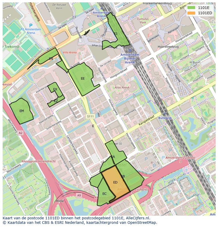 Afbeelding van het postcodegebied 1101 ED op de kaart.