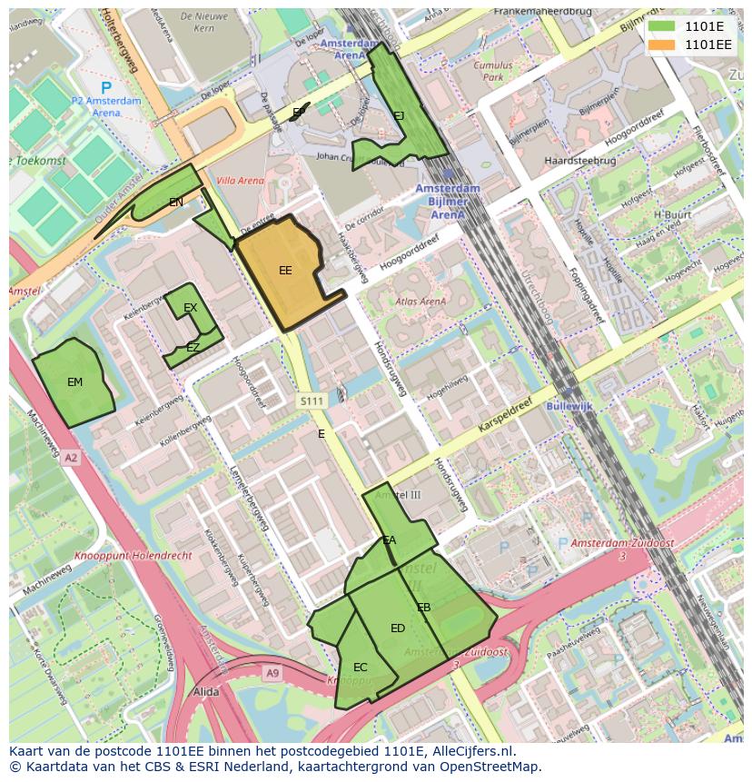 Afbeelding van het postcodegebied 1101 EE op de kaart.