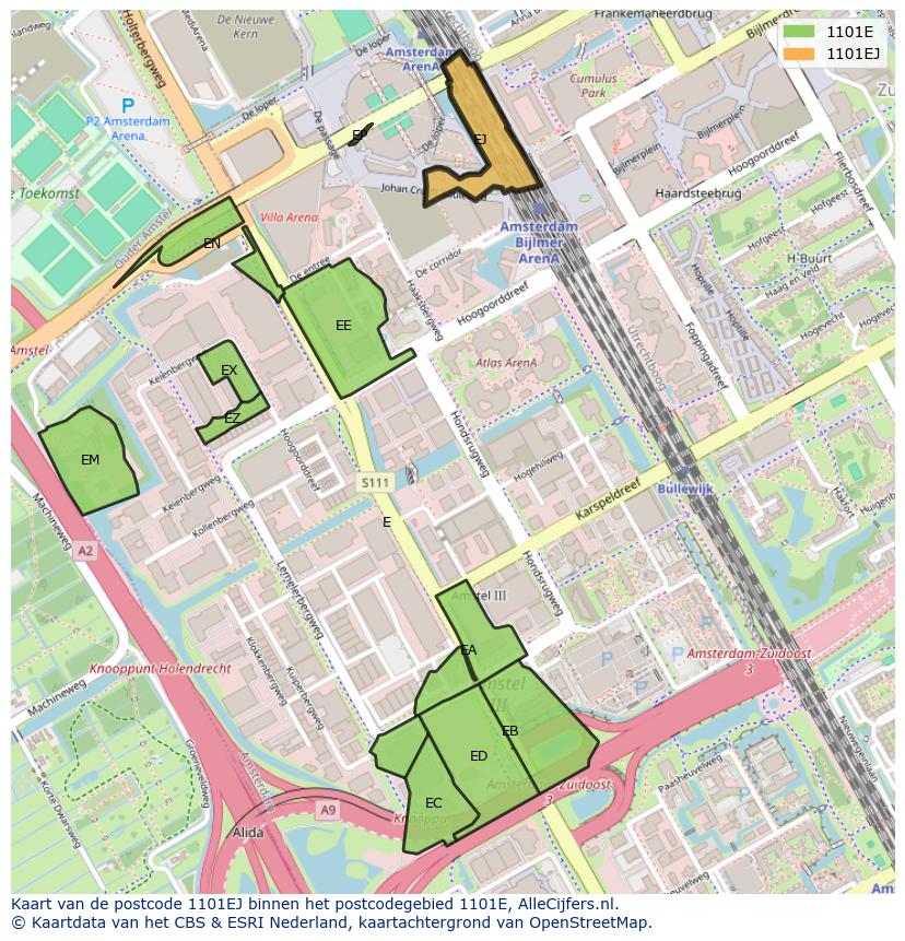 Afbeelding van het postcodegebied 1101 EJ op de kaart.