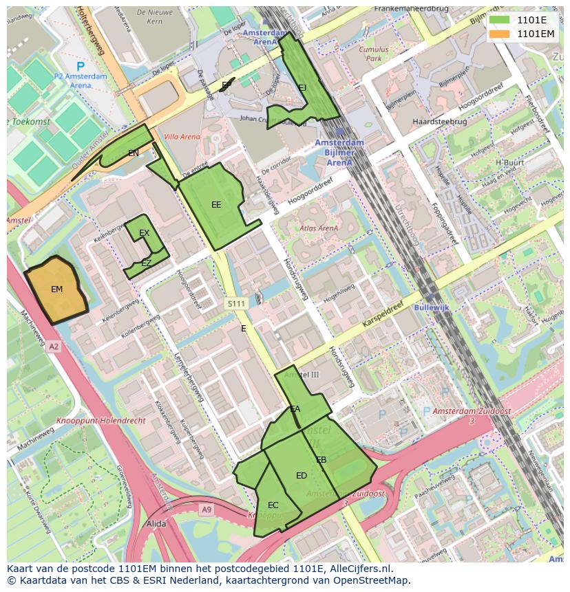 Afbeelding van het postcodegebied 1101 EM op de kaart.