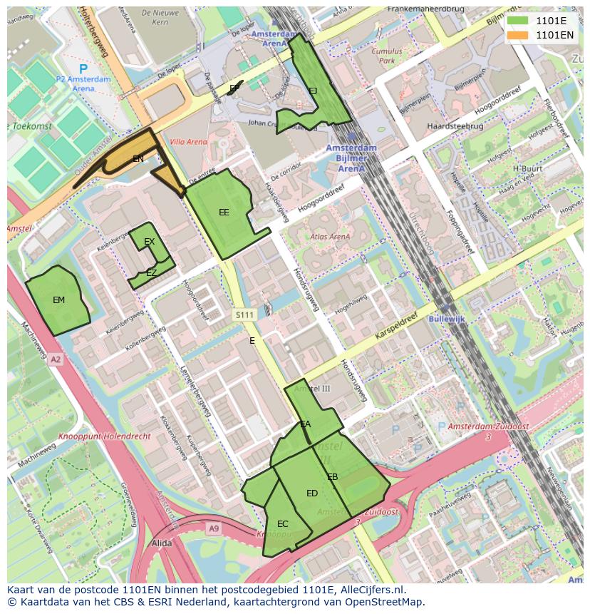 Afbeelding van het postcodegebied 1101 EN op de kaart.