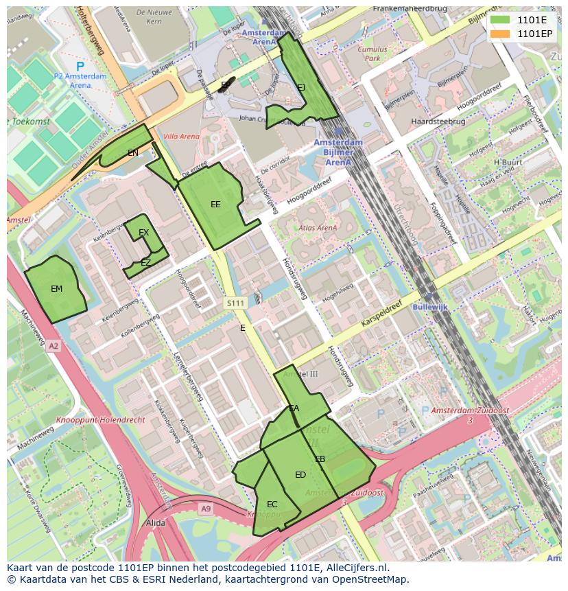Afbeelding van het postcodegebied 1101 EP op de kaart.