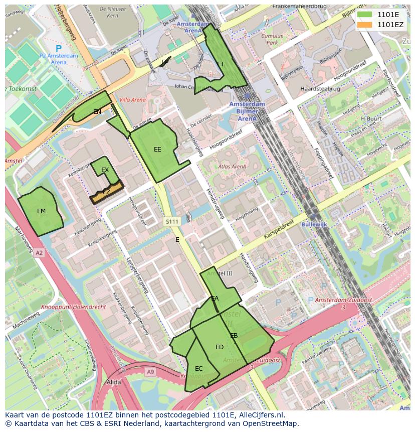 Afbeelding van het postcodegebied 1101 EZ op de kaart.