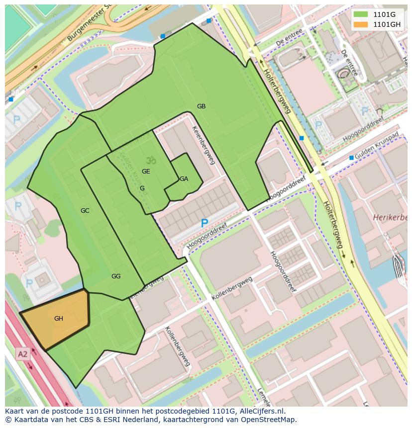 Afbeelding van het postcodegebied 1101 GH op de kaart.