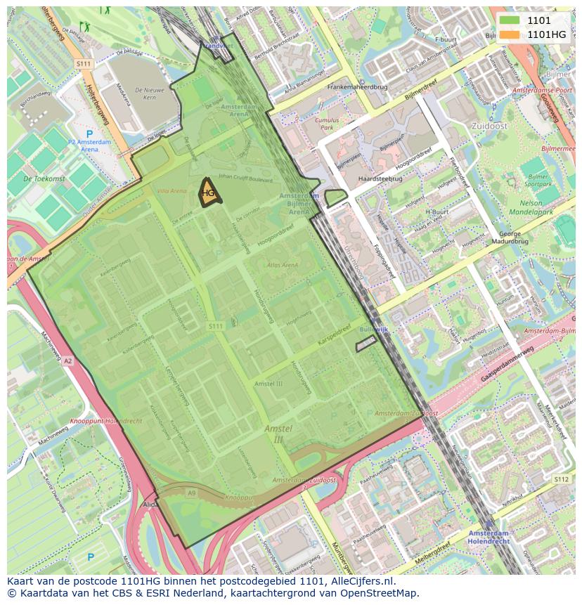 Afbeelding van het postcodegebied 1101 HG op de kaart.