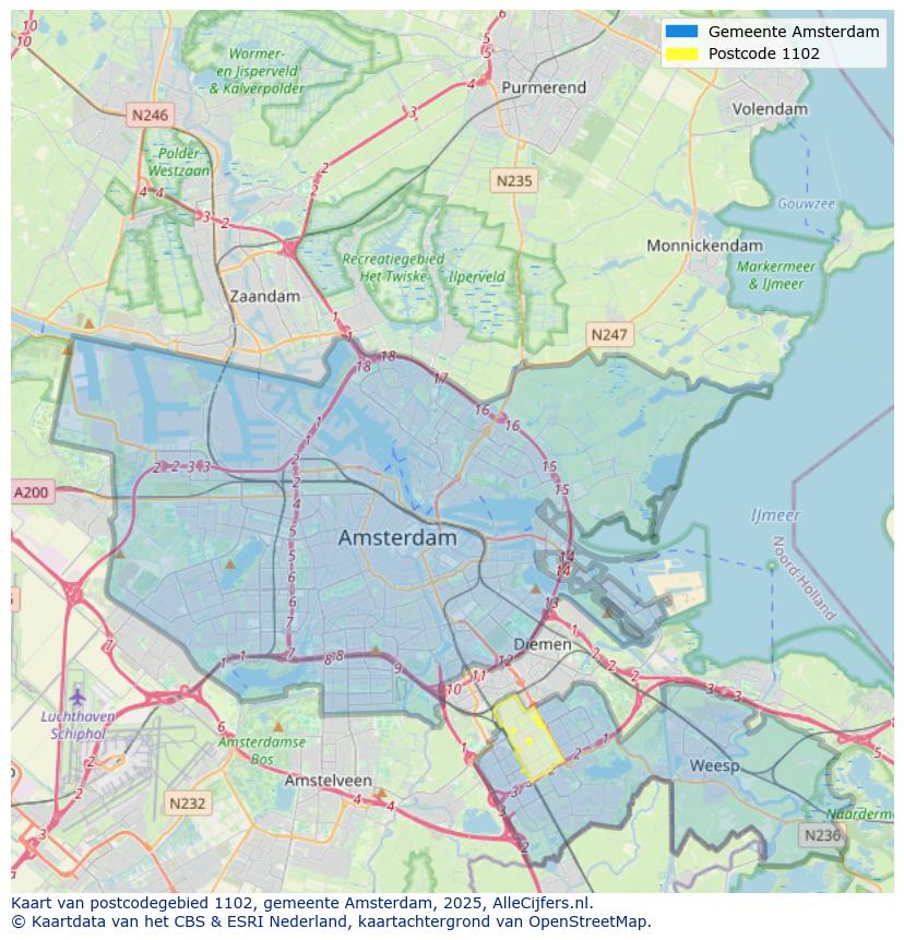 Afbeelding van het postcodegebied 1102 op de kaart.