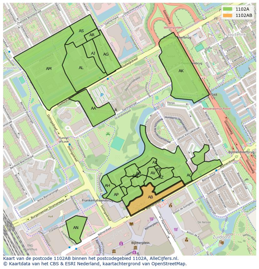 Afbeelding van het postcodegebied 1102 AB op de kaart.
