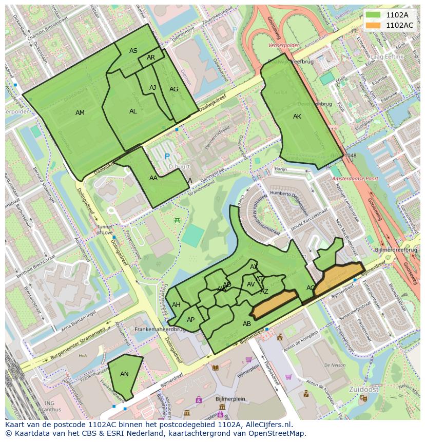 Afbeelding van het postcodegebied 1102 AC op de kaart.