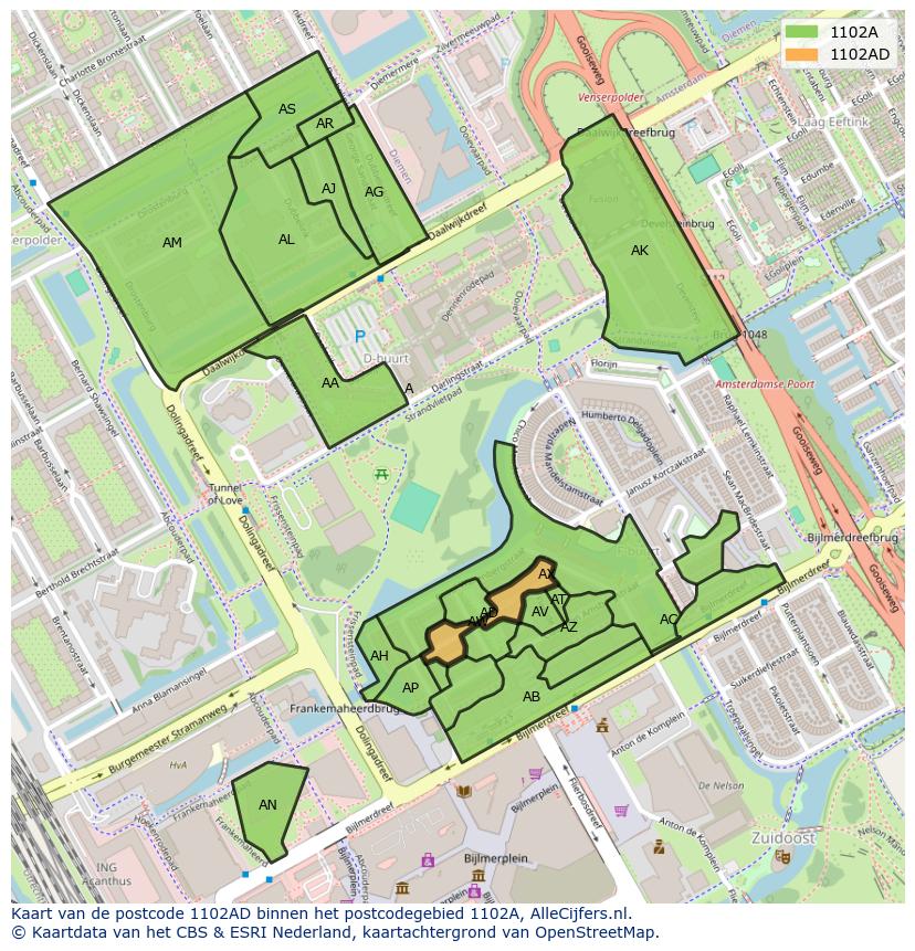 Afbeelding van het postcodegebied 1102 AD op de kaart.