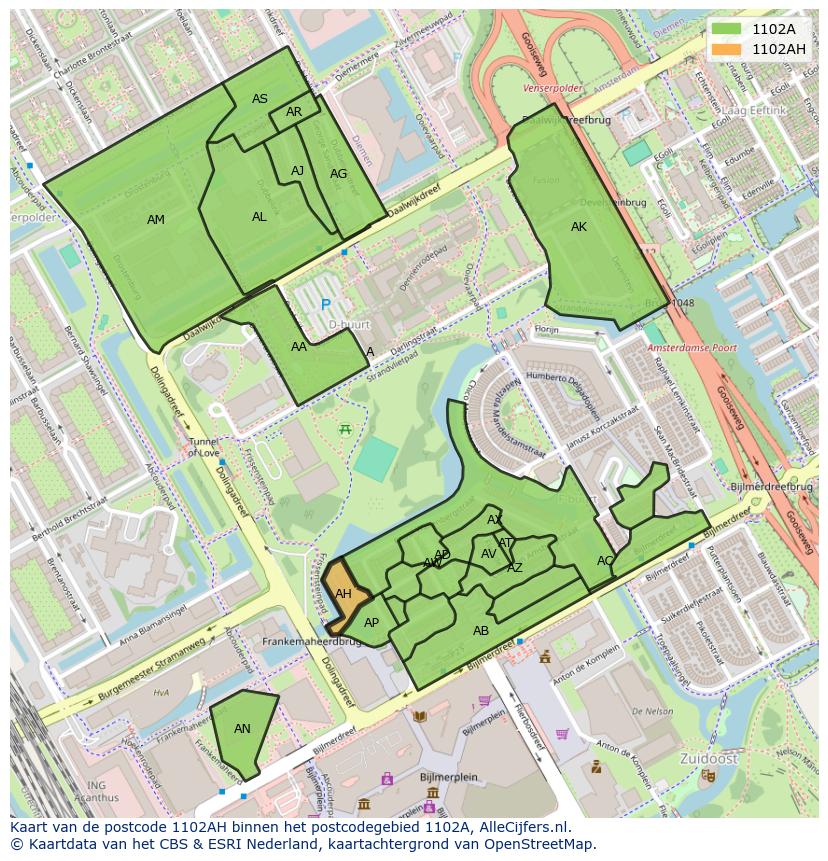 Afbeelding van het postcodegebied 1102 AH op de kaart.