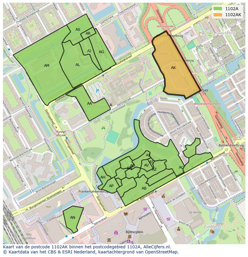 Afbeelding van het postcodegebied 1102 AK op de kaart.