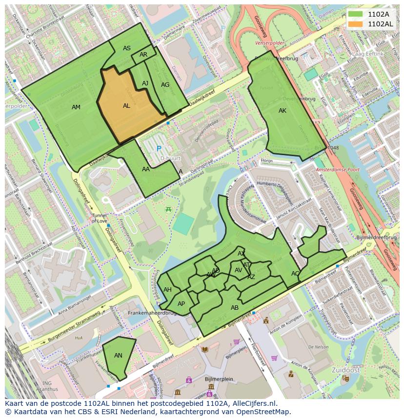 Afbeelding van het postcodegebied 1102 AL op de kaart.