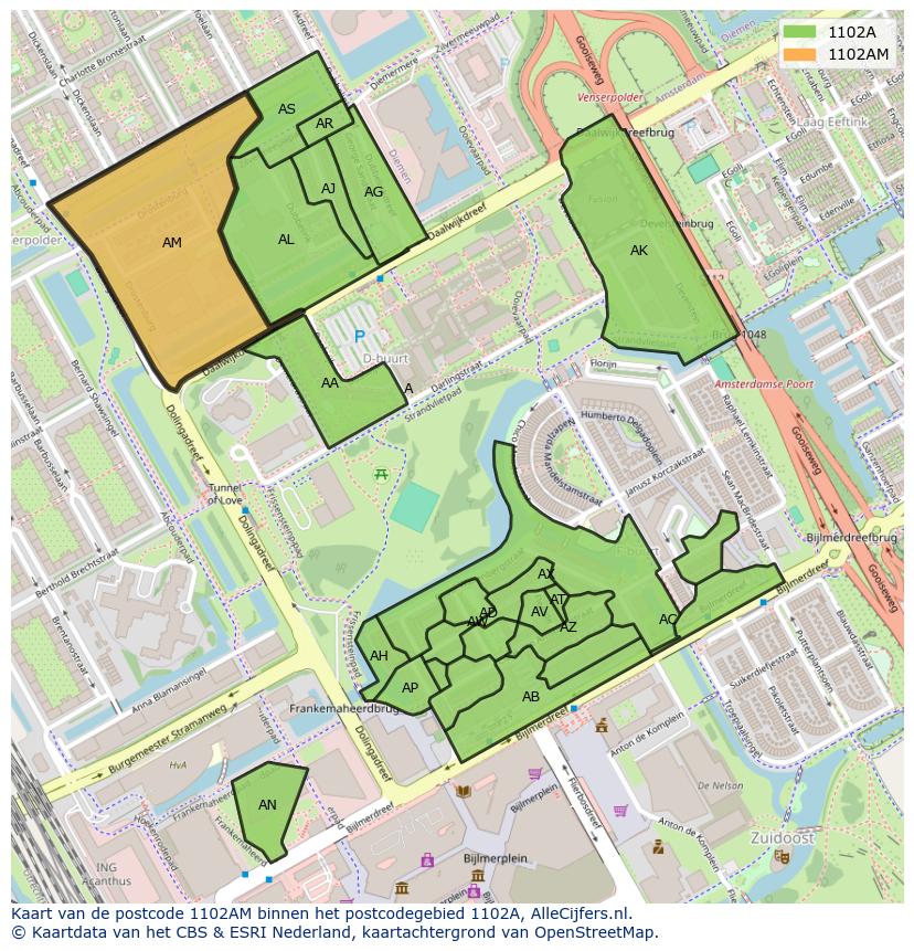 Afbeelding van het postcodegebied 1102 AM op de kaart.