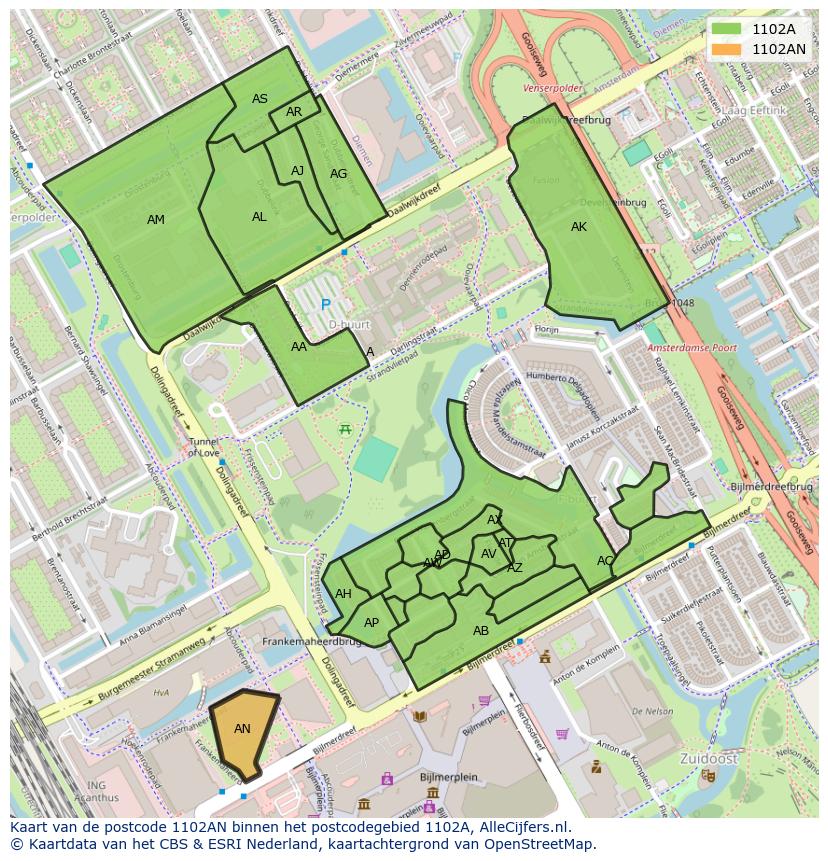 Afbeelding van het postcodegebied 1102 AN op de kaart.