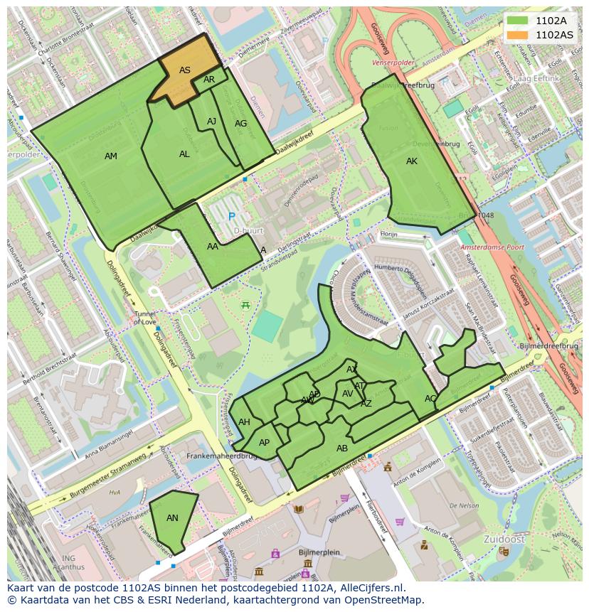 Afbeelding van het postcodegebied 1102 AS op de kaart.