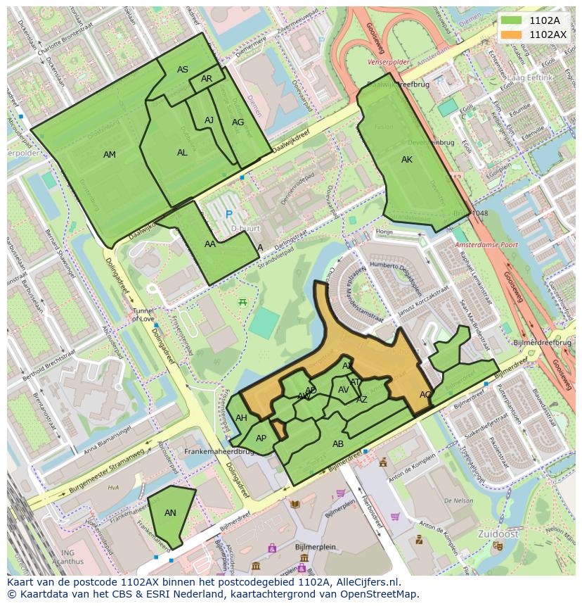 Afbeelding van het postcodegebied 1102 AX op de kaart.