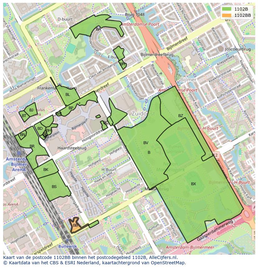 Afbeelding van het postcodegebied 1102 BB op de kaart.