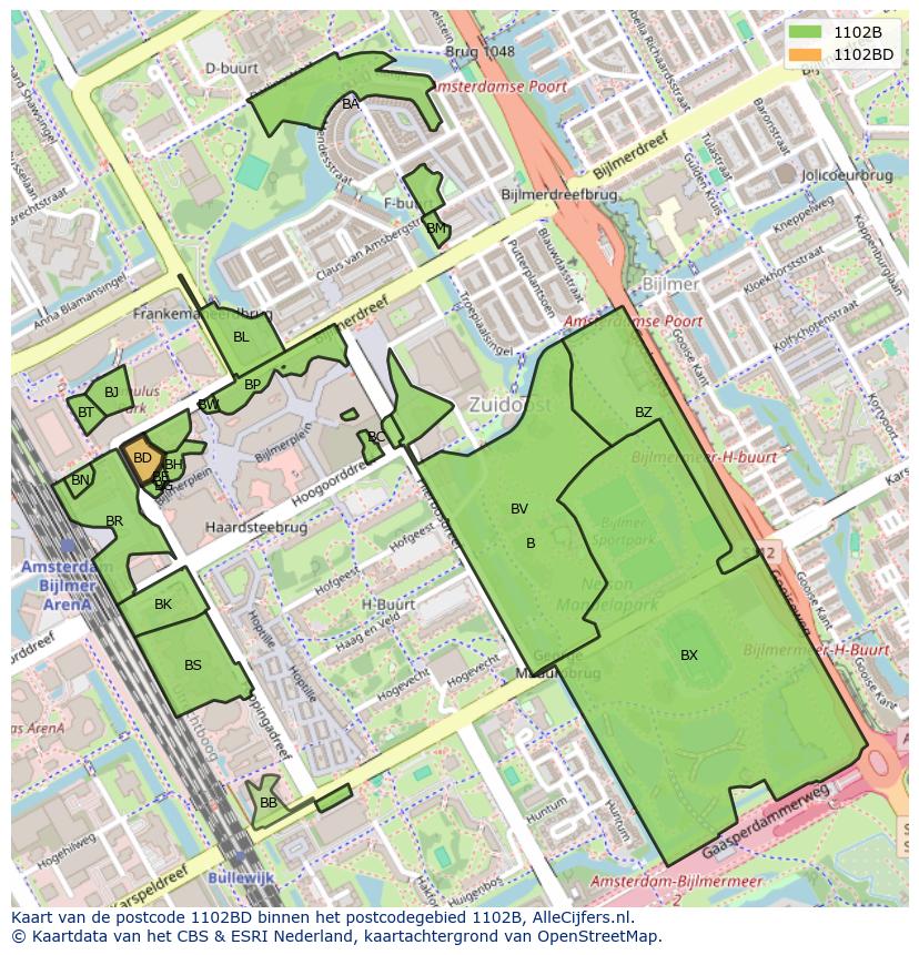 Afbeelding van het postcodegebied 1102 BD op de kaart.