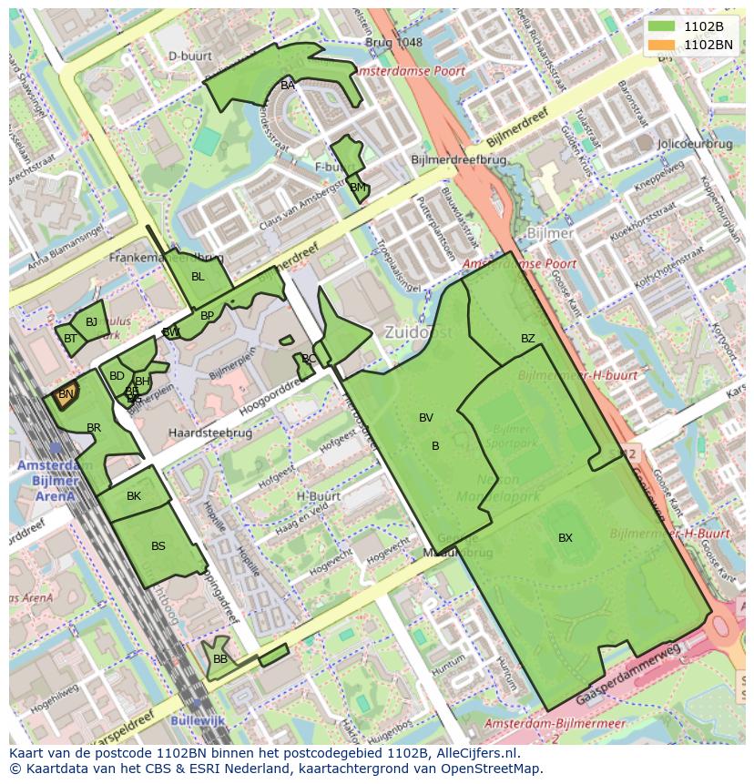 Afbeelding van het postcodegebied 1102 BN op de kaart.