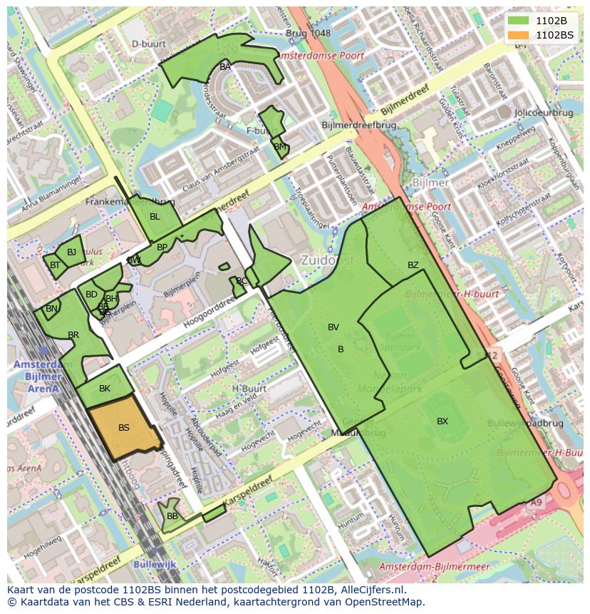 Afbeelding van het postcodegebied 1102 BS op de kaart.